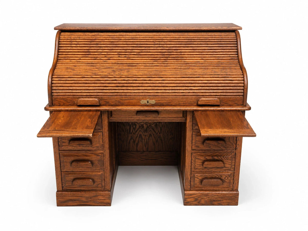 Stuart’s Oak Roll Top Desk Vintage Tambour Executive Pedestal Desk Office Qual