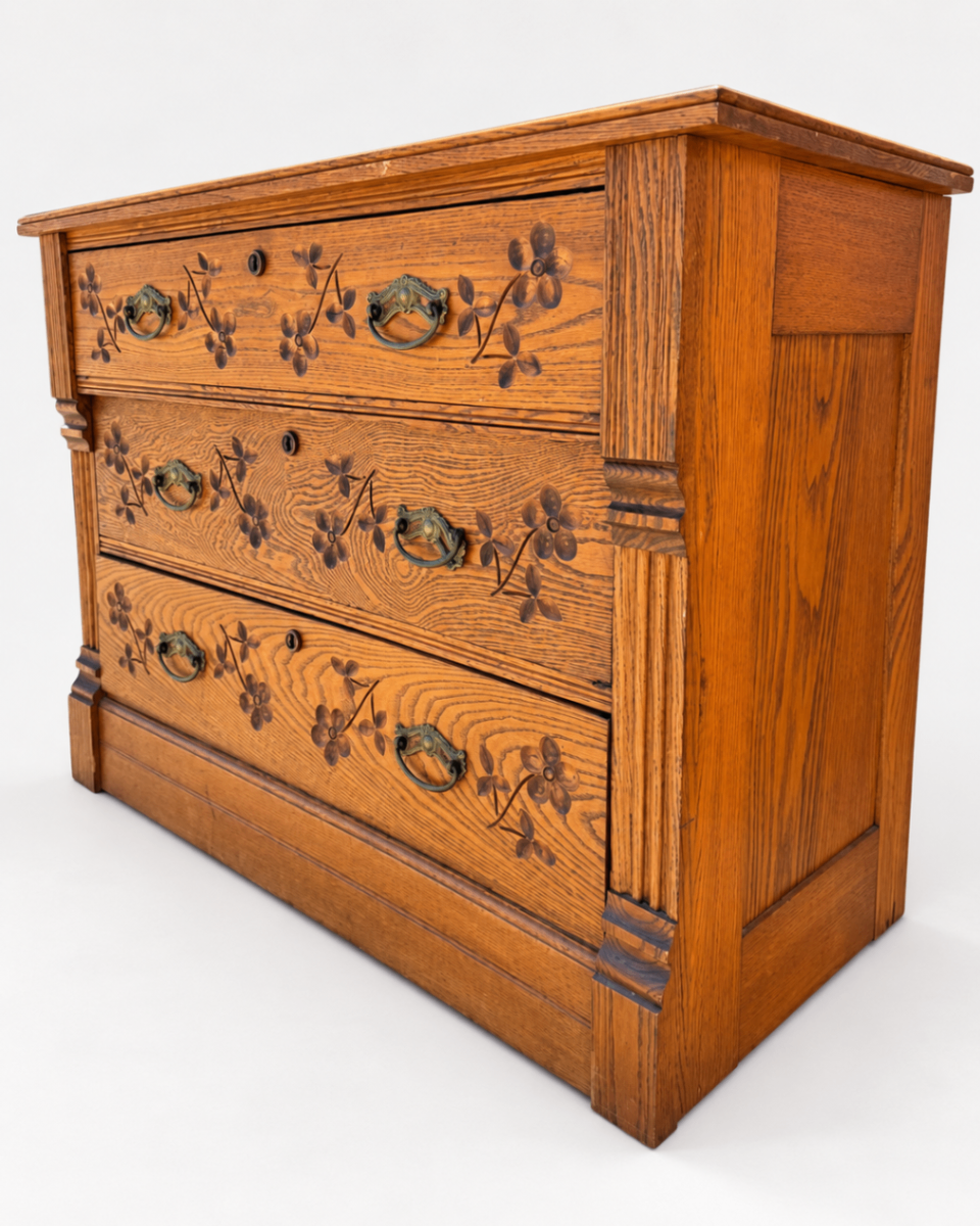 Antique Oak Dresser Chest of Drawers Floral Arts & Crafts Mission Style 3-Drawer