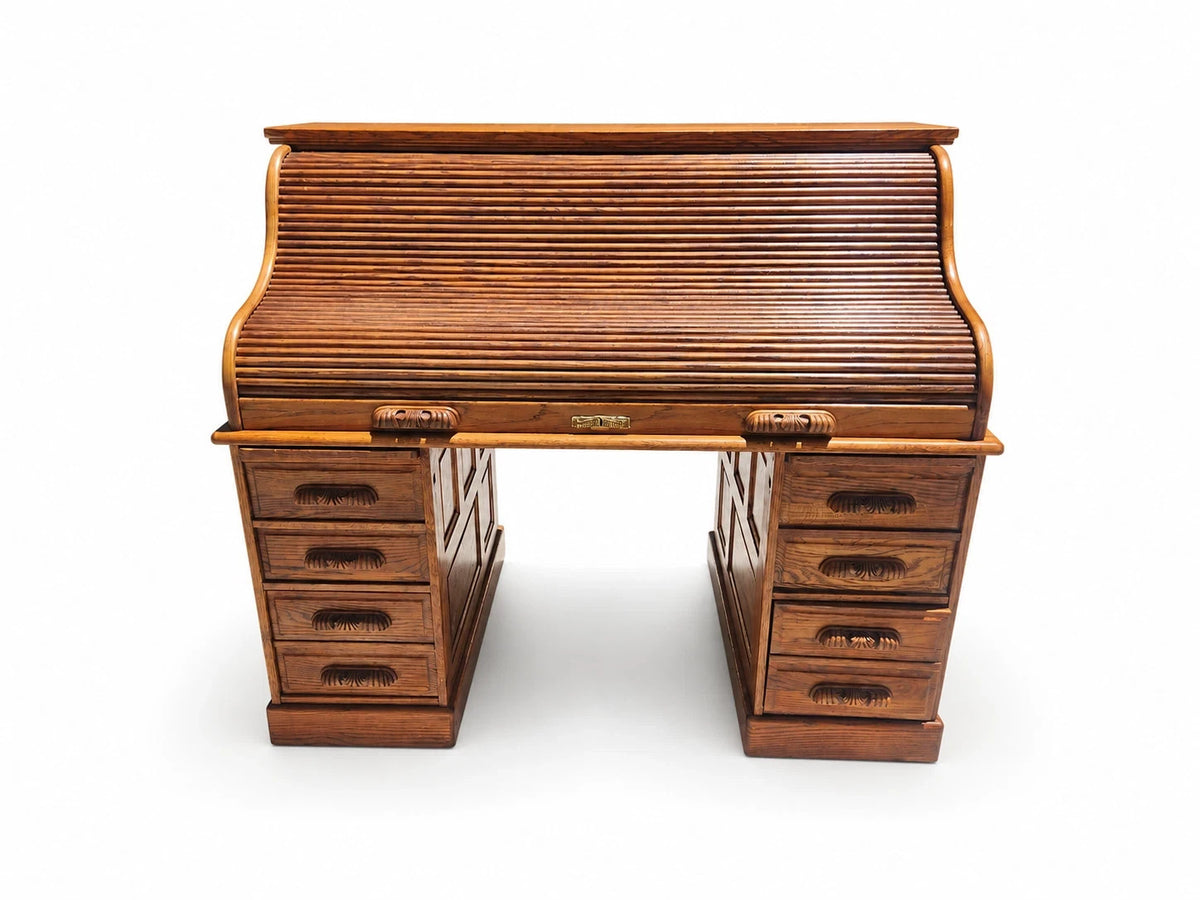 Winners Only Oak Roll Top Desk w/ Organizer Drawers & Pull-Out Slides – Solid