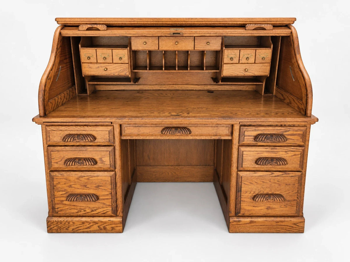 Russell's Vintage Solid Oak Roll Top Desk Traditional Writing Desk S Curve
