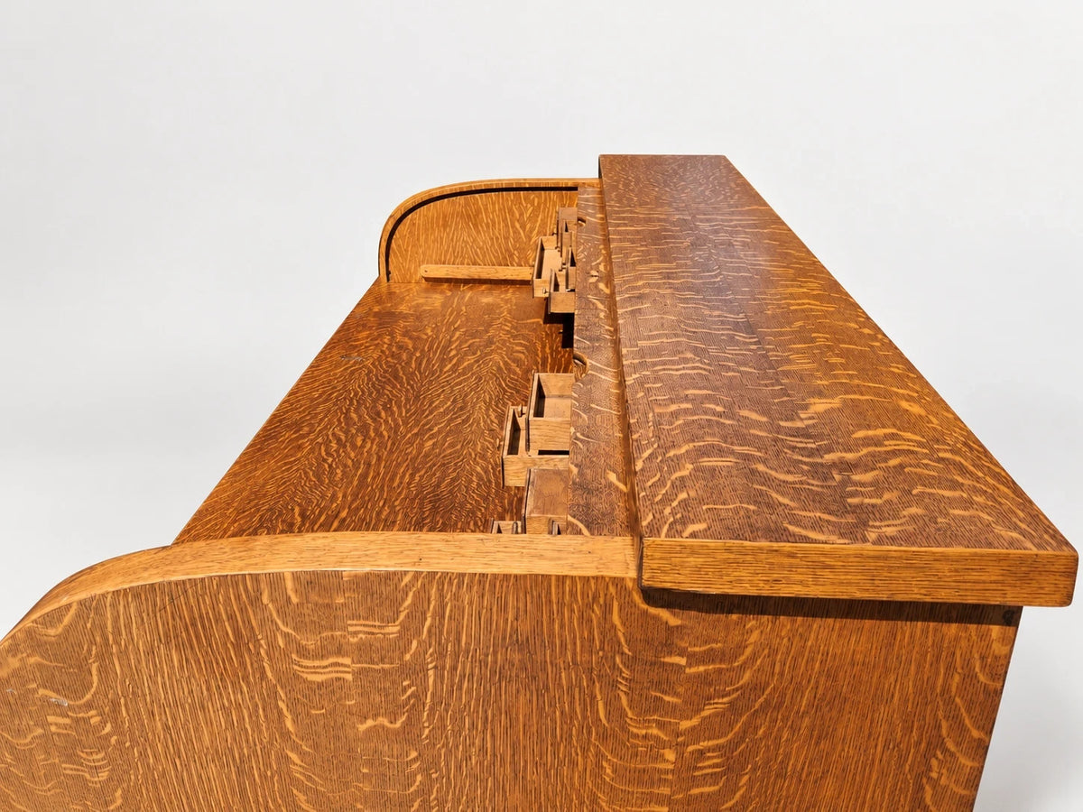 Large Antique Tiger Oak Roll Top Desk Executive Office Tambour Golden Brown Home