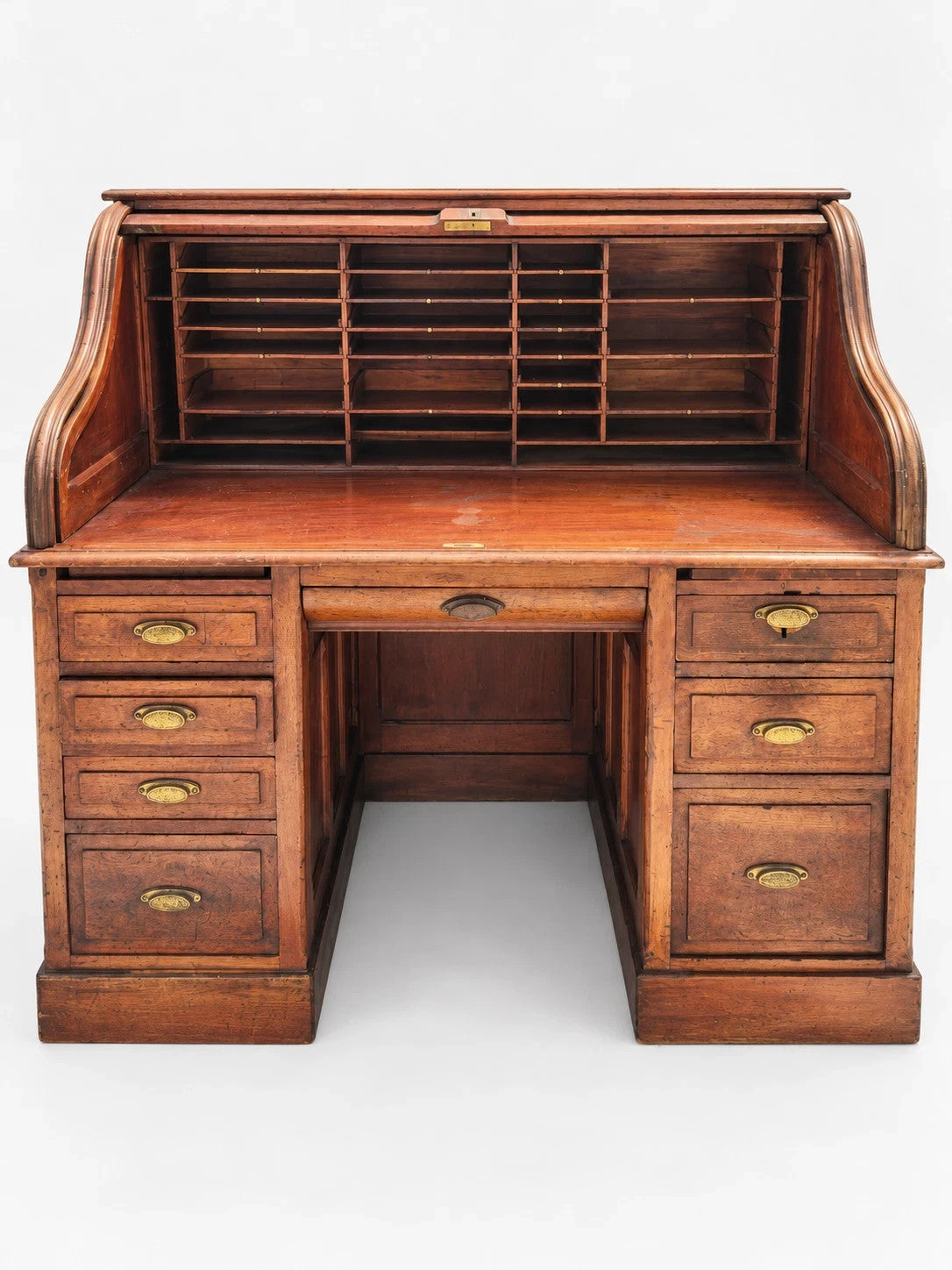 Antique Victorian Roll Top Desk Executive Wood Brass Reddish Brown S Curve