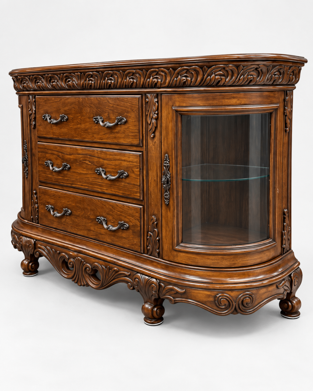 Antique Style Ornate Carved Wood Sideboard Buffet Display Cabinet