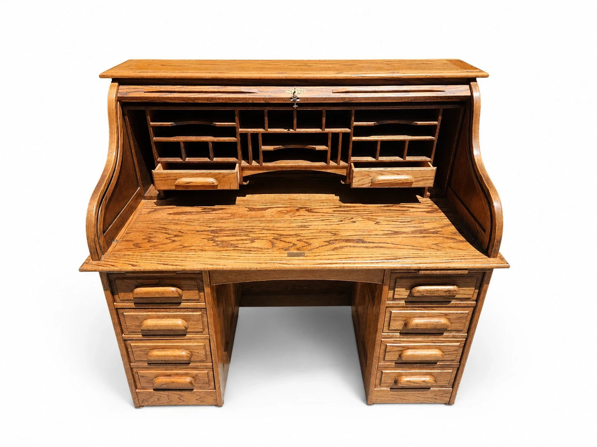 Vintage Oak Roll Top Desk Antique Mission Style Double Pedestal Wooden Executive