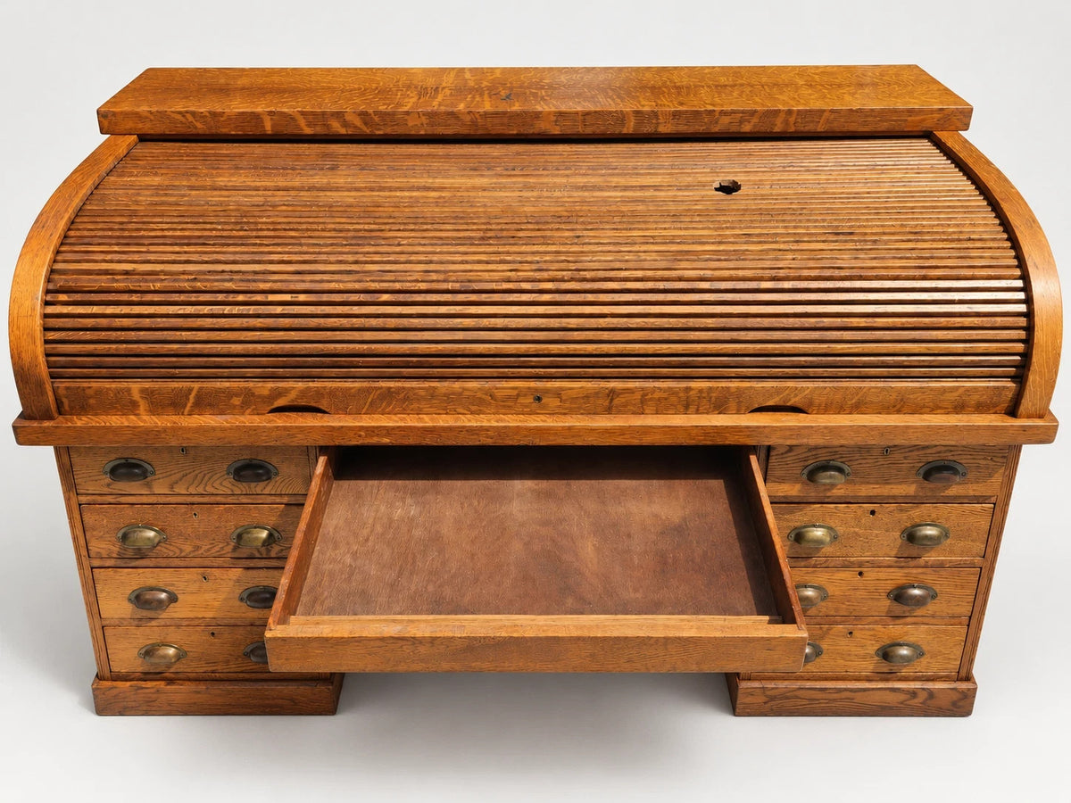 Large Antique Tiger Oak Roll Top Desk Executive Office Tambour Golden Brown Home