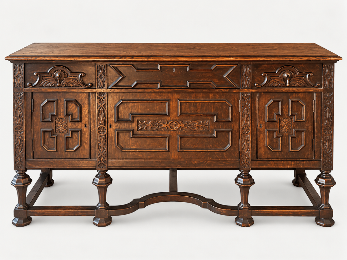 Antique Carved Oak Jacobean Revival Sideboard Buffet Ornate Hand-Carved