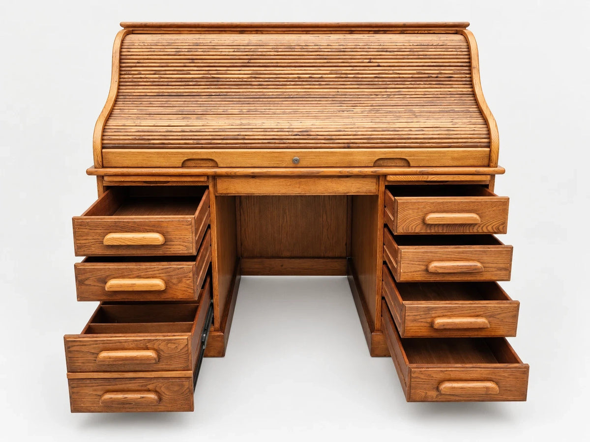 Vintage Oak Roll Top Desk Executive Secretary Writing Office Golden Brown
