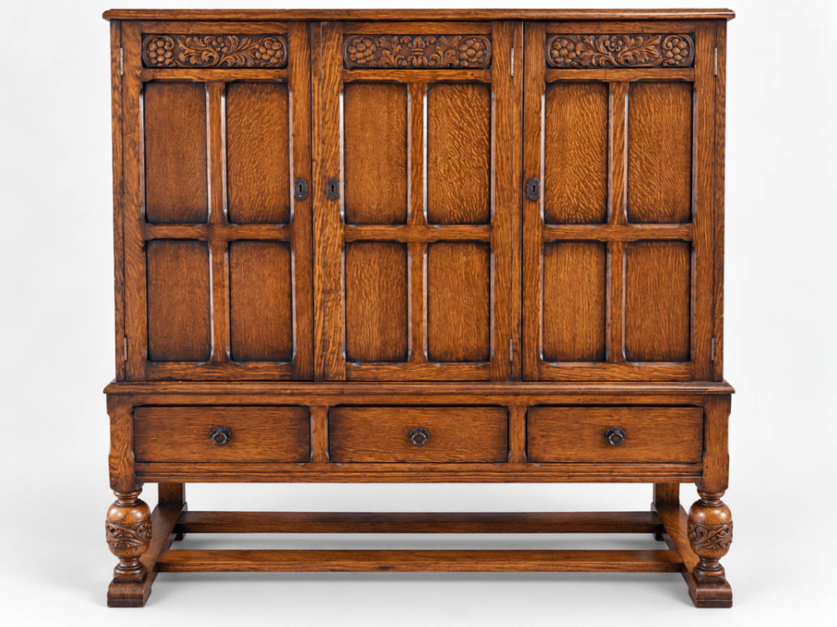 Antique Oak Carved Sideboard Buffet 3 Door 3 Drawer Traditional Storage