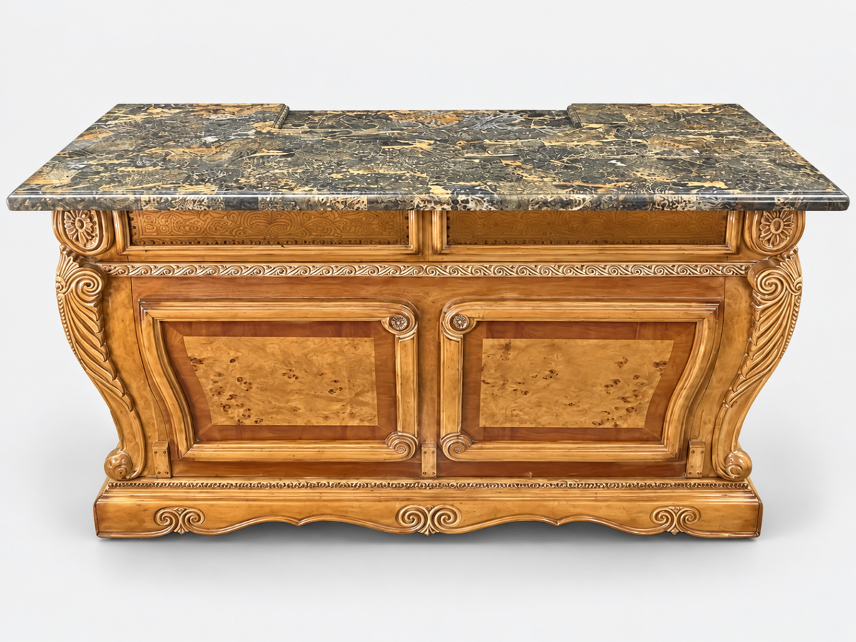Michael Amini Ornate Wood Marble Top Dresser Chest of Drawers Carved Accent