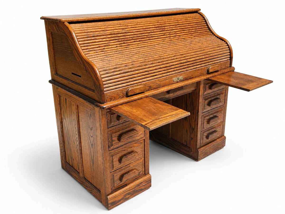 Stuart’s Oak Roll Top Desk Vintage Tambour Executive Pedestal Desk Office Qual
