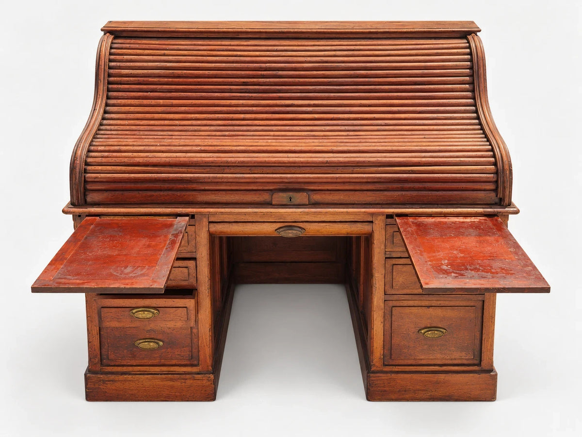 Antique Victorian Roll Top Desk Executive Wood Brass Reddish Brown S Curve