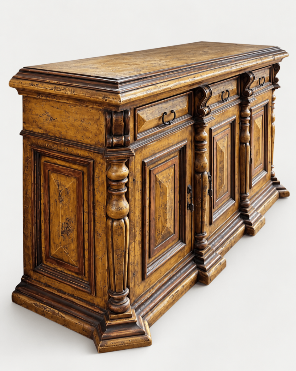 Vintage Style Distressed Wood Sideboard Buffet Cabinet Carved Details