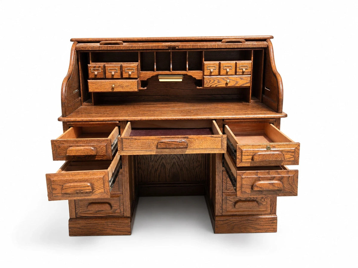 Stuart’s Oak Roll Top Desk Vintage Tambour Executive Pedestal Desk Office Qual