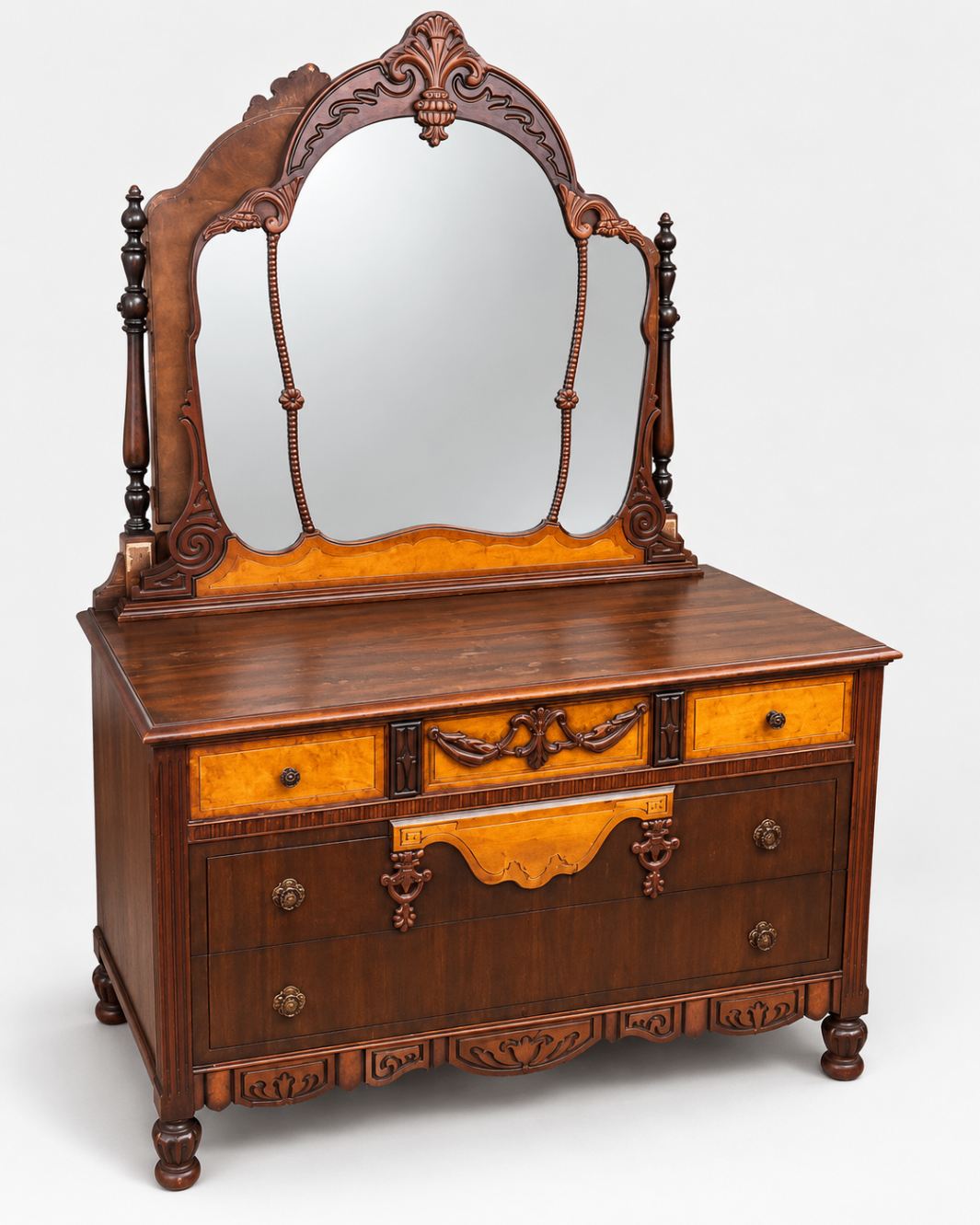 Antique Victorian/Edwardian Dresser with Tri-Fold Mirror, Carved Wood, 5 Drawers