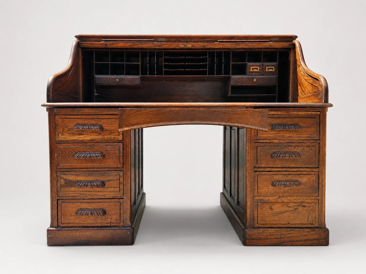 Antique Oak S-Curve Roll Top Desk Mission Arts & Crafts Executive Pedestal Desk