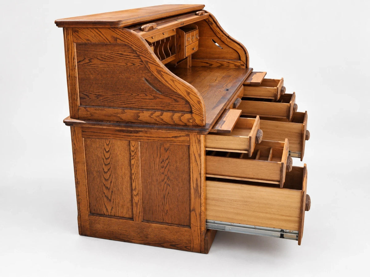 Russell's Vintage Solid Oak Roll Top Desk Traditional Writing Desk S Curve