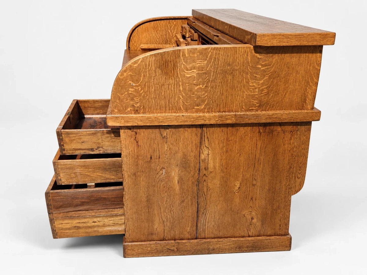 Large Antique Tiger Oak Roll Top Desk Executive Office Tambour Golden Brown Home