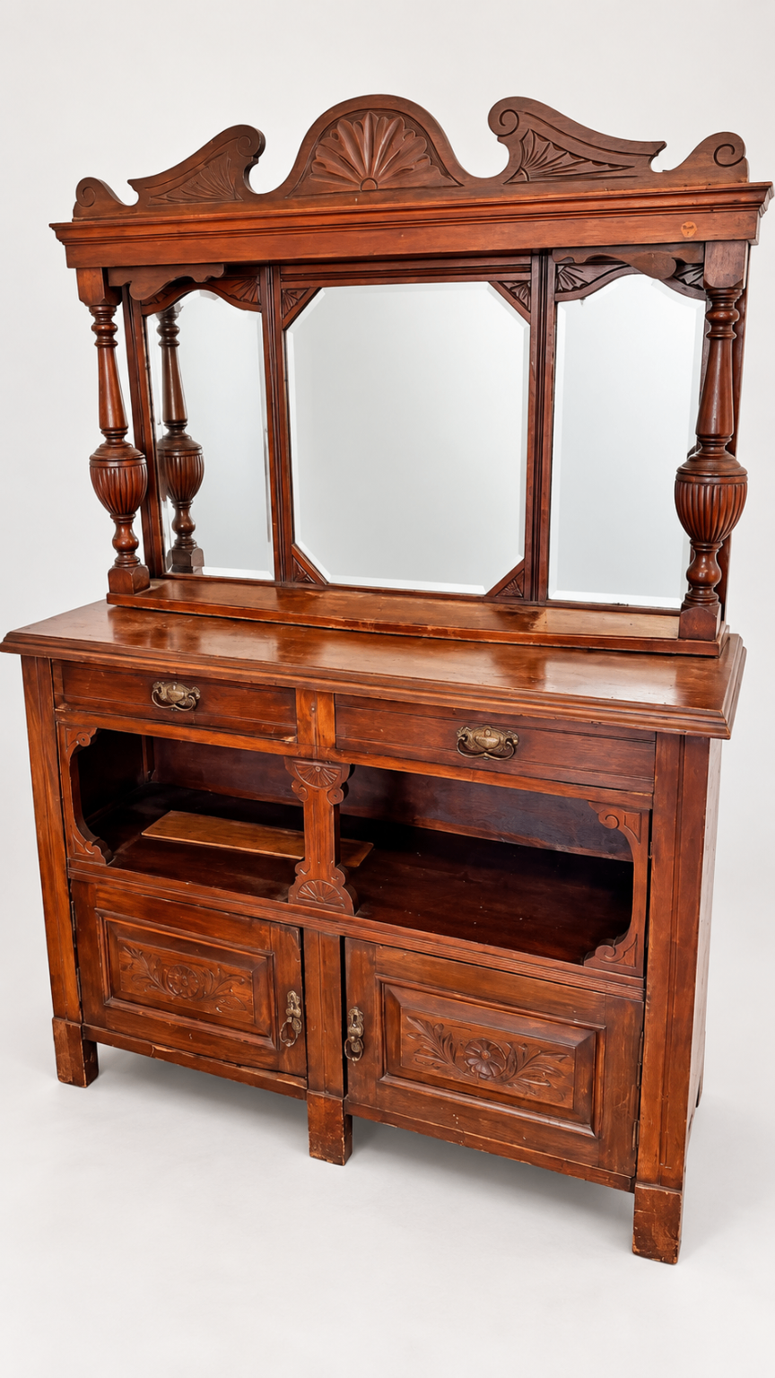 Antique Carved Wood Sideboard Buffet Mirrored Hutch Dark Brown
