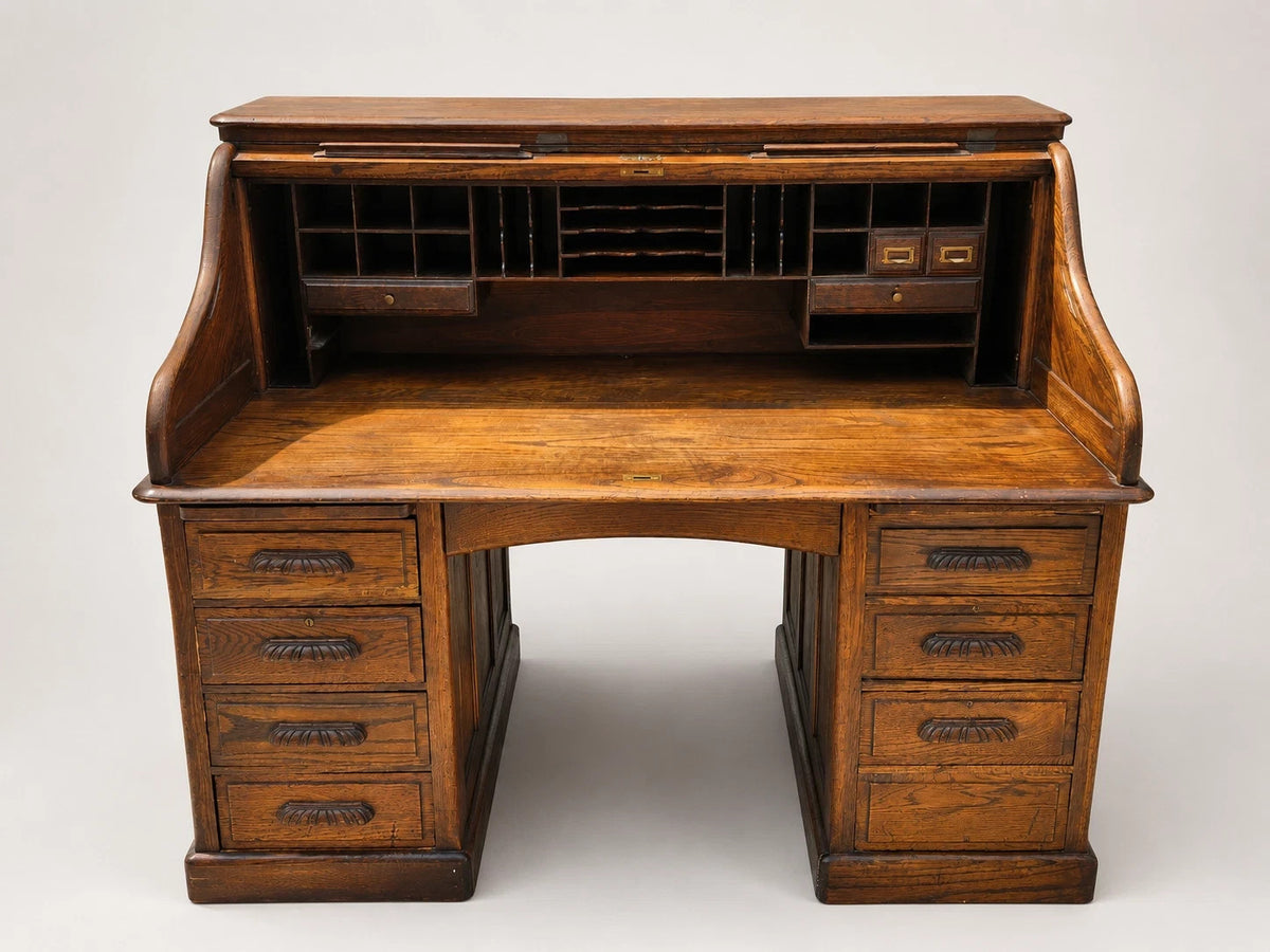Antique Oak S-Curve Roll Top Desk Mission Arts & Crafts Executive Pedestal Desk