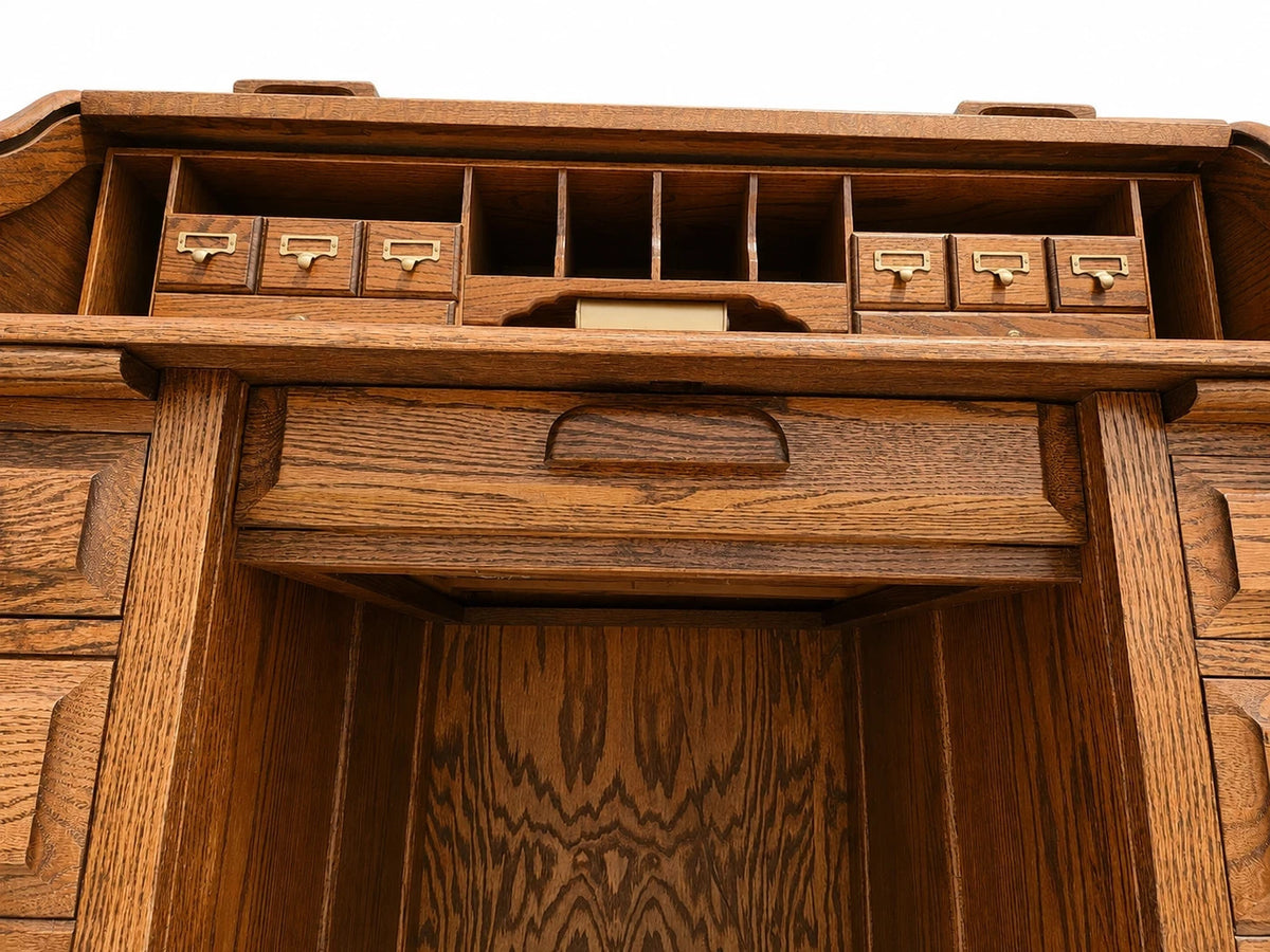 Stuart’s Oak Roll Top Desk Vintage Tambour Executive Pedestal Desk Office Qual