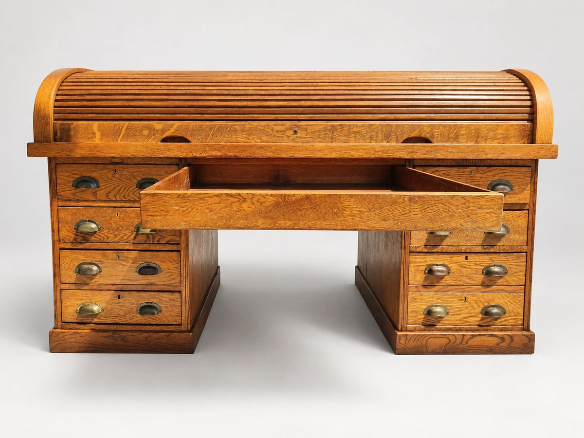 Large Antique Tiger Oak Roll Top Desk Executive Office Tambour Golden Brown Home