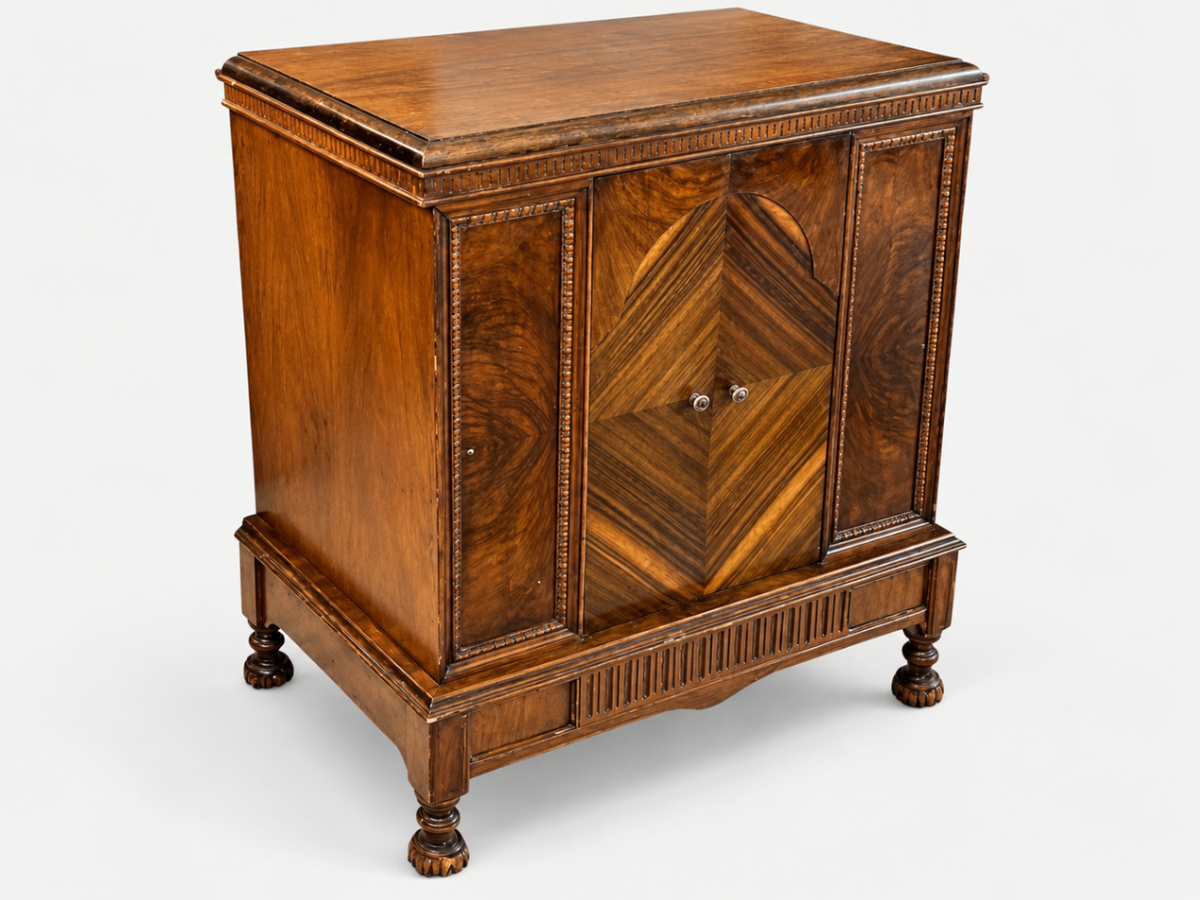 Antique Wood Sideboard Cabinet Carved Turned Legs Inlaid Veneer Accent