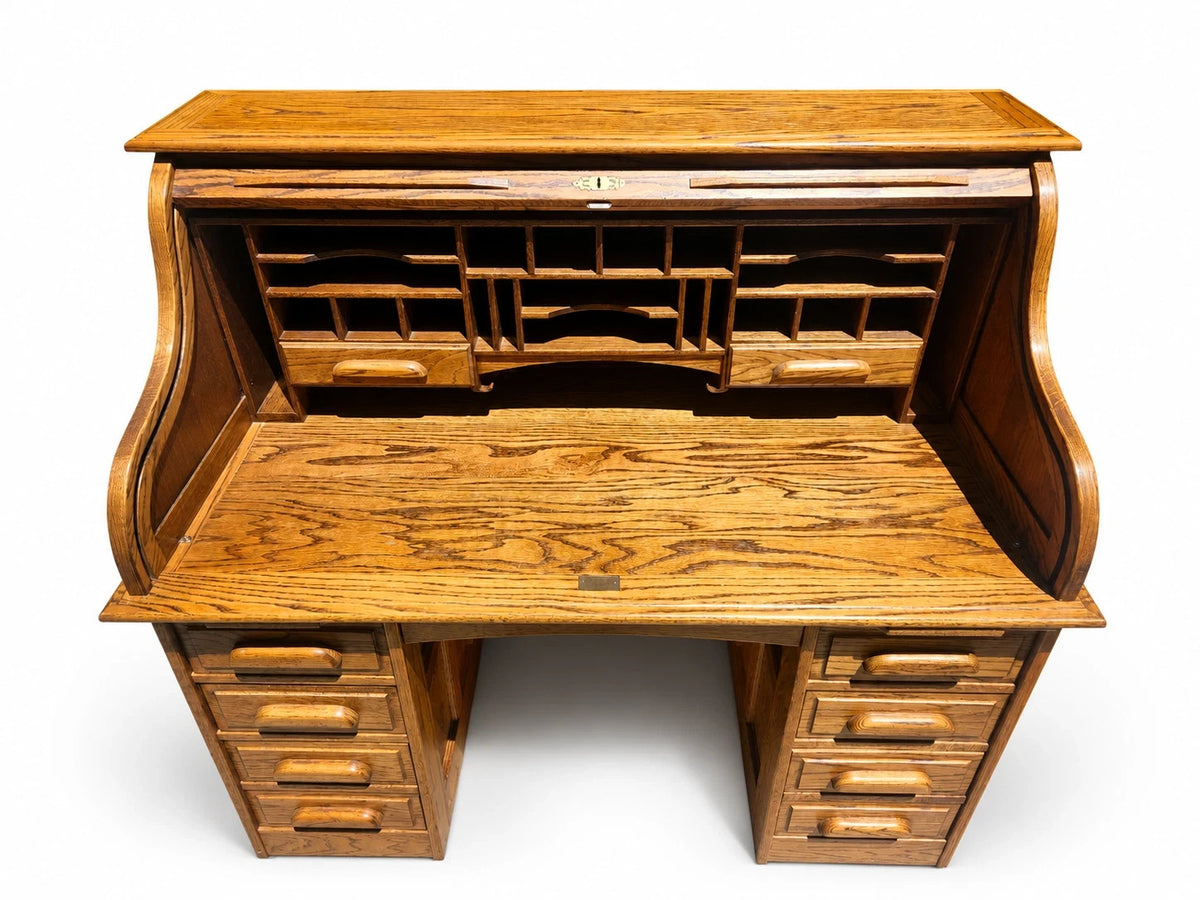 Vintage Oak Roll Top Desk Antique Mission Style Double Pedestal Wooden Executive