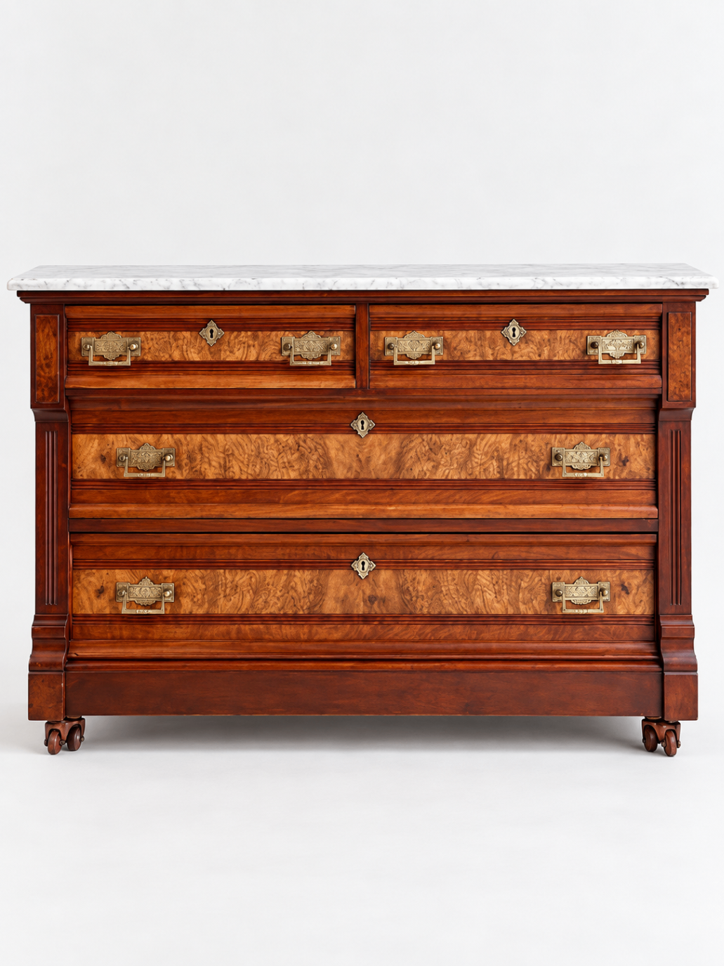 Antique Sideboard Buffet Marble Top Burl Wood Brass Hardware
