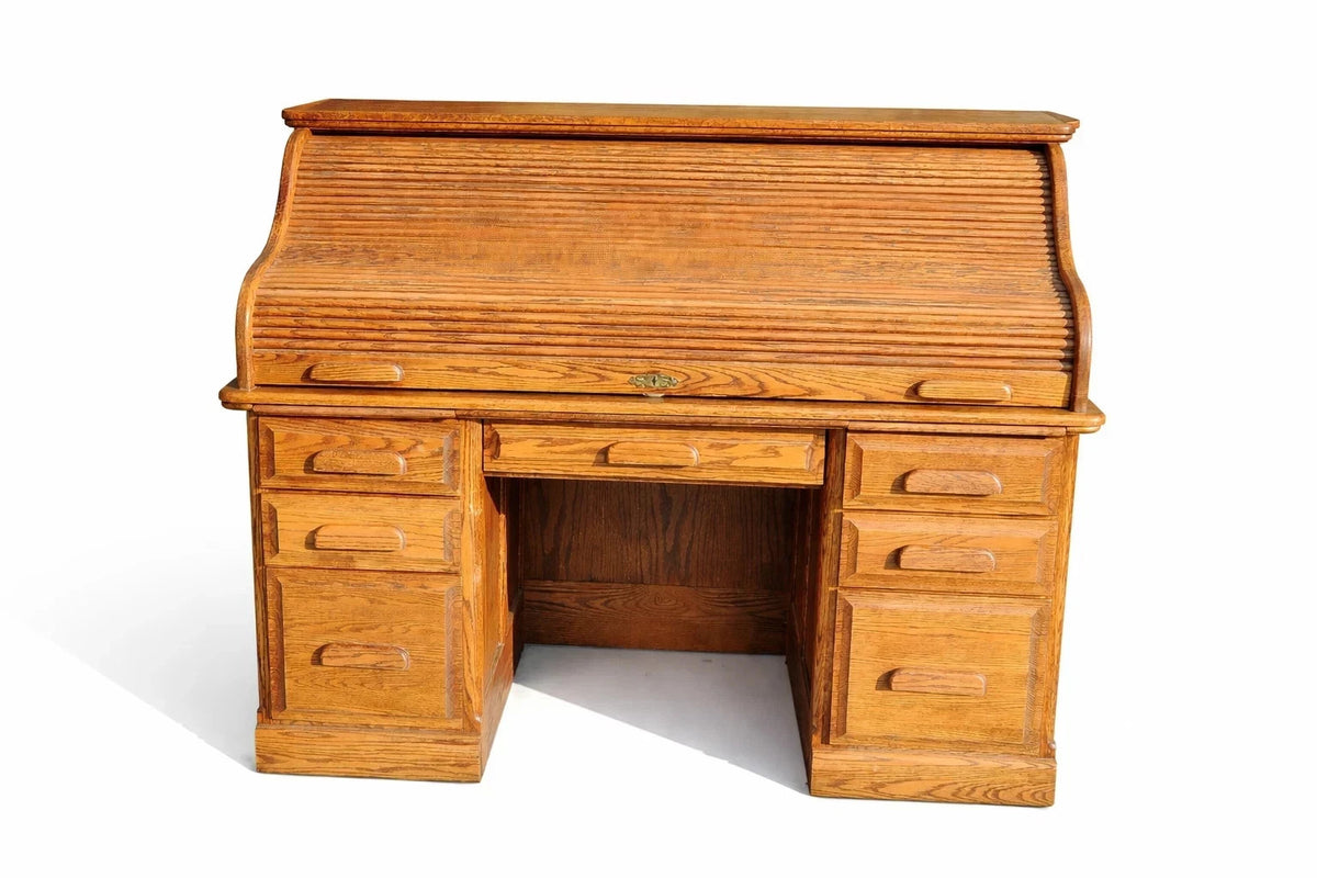 Vintage Solid Oak Roll-Top Desk Classic Executive Secretary Desk Warm Honey