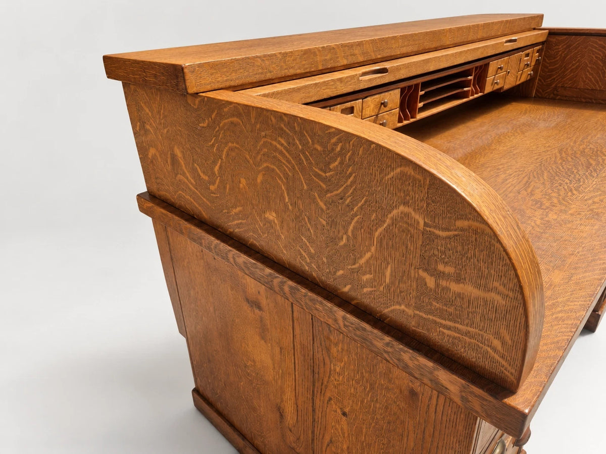 Large Antique Tiger Oak Roll Top Desk Executive Office Tambour Golden Brown Home