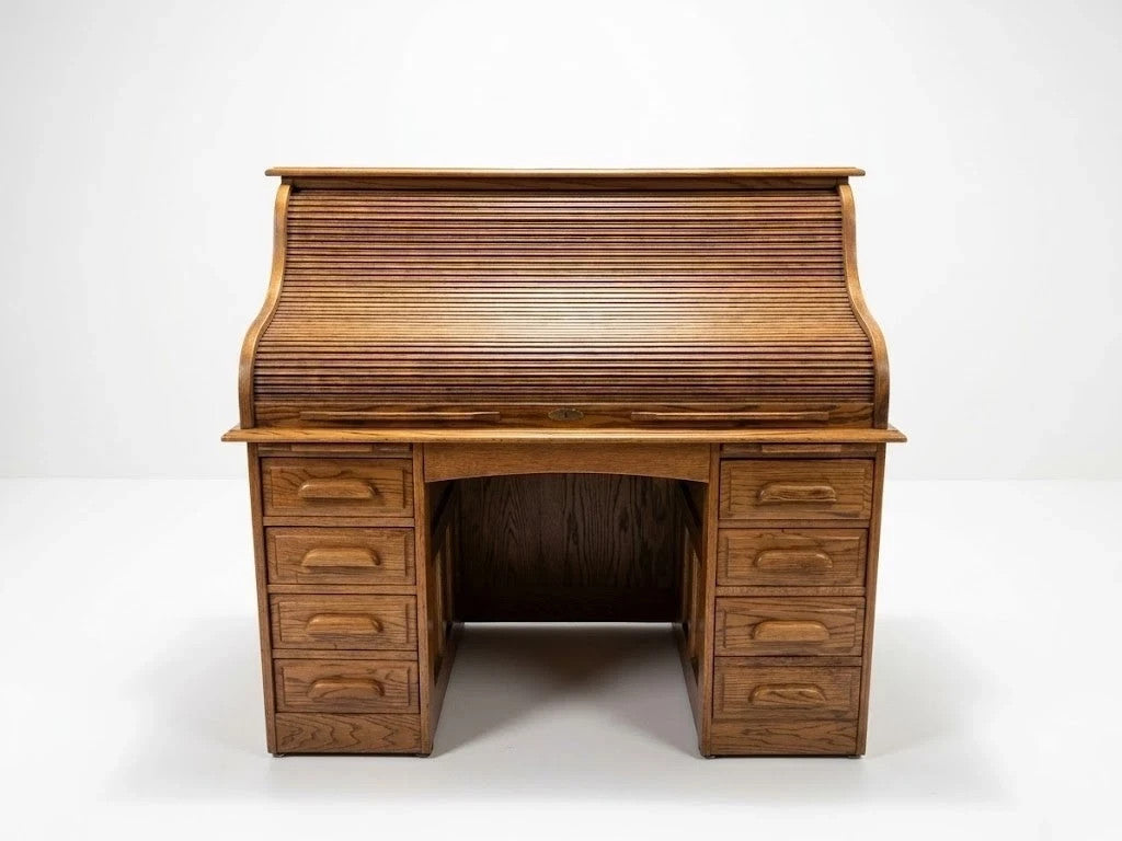 Vintage Oak Roll Top Desk Antique Mission Style Double Pedestal Wooden Executive
