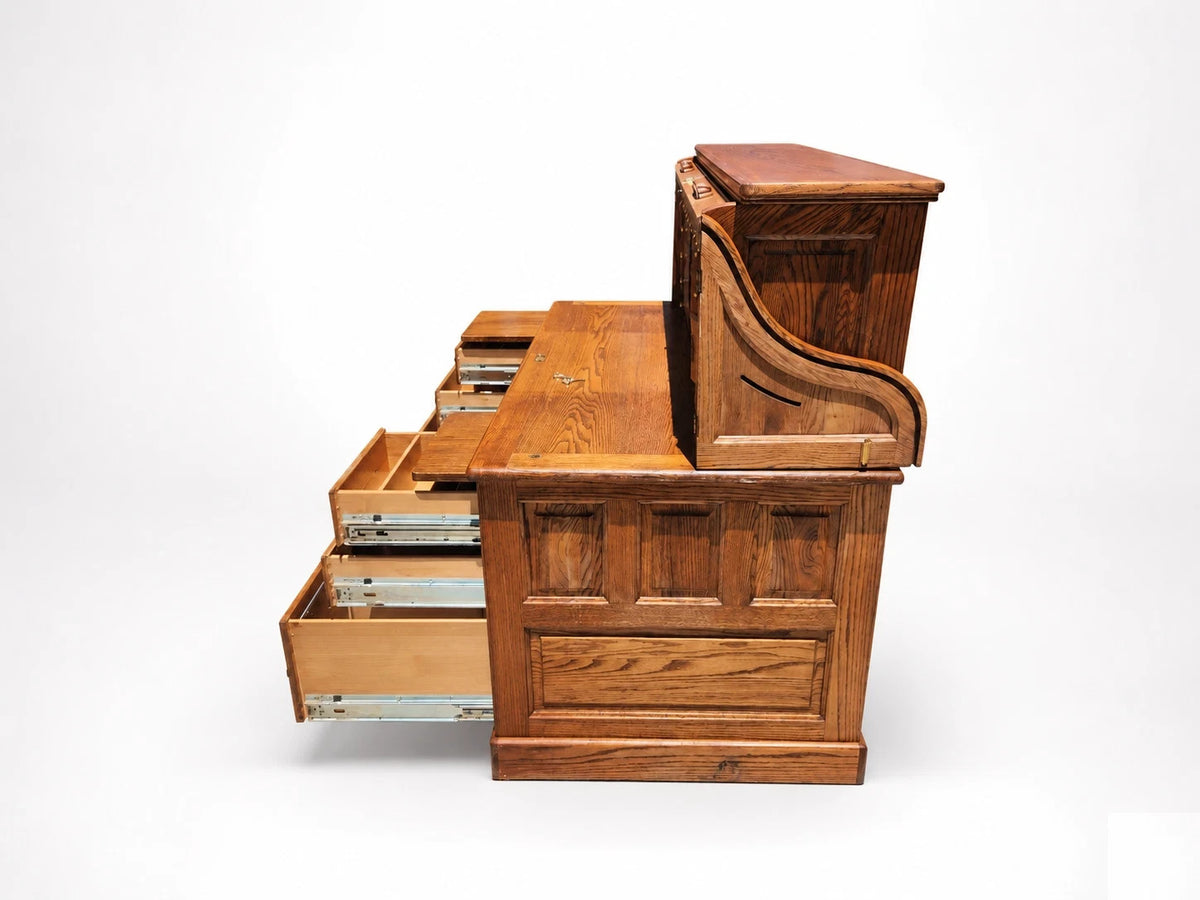 Winners Only Oak Roll Top Desk w/ Organizer Drawers & Pull-Out Slides – Solid
