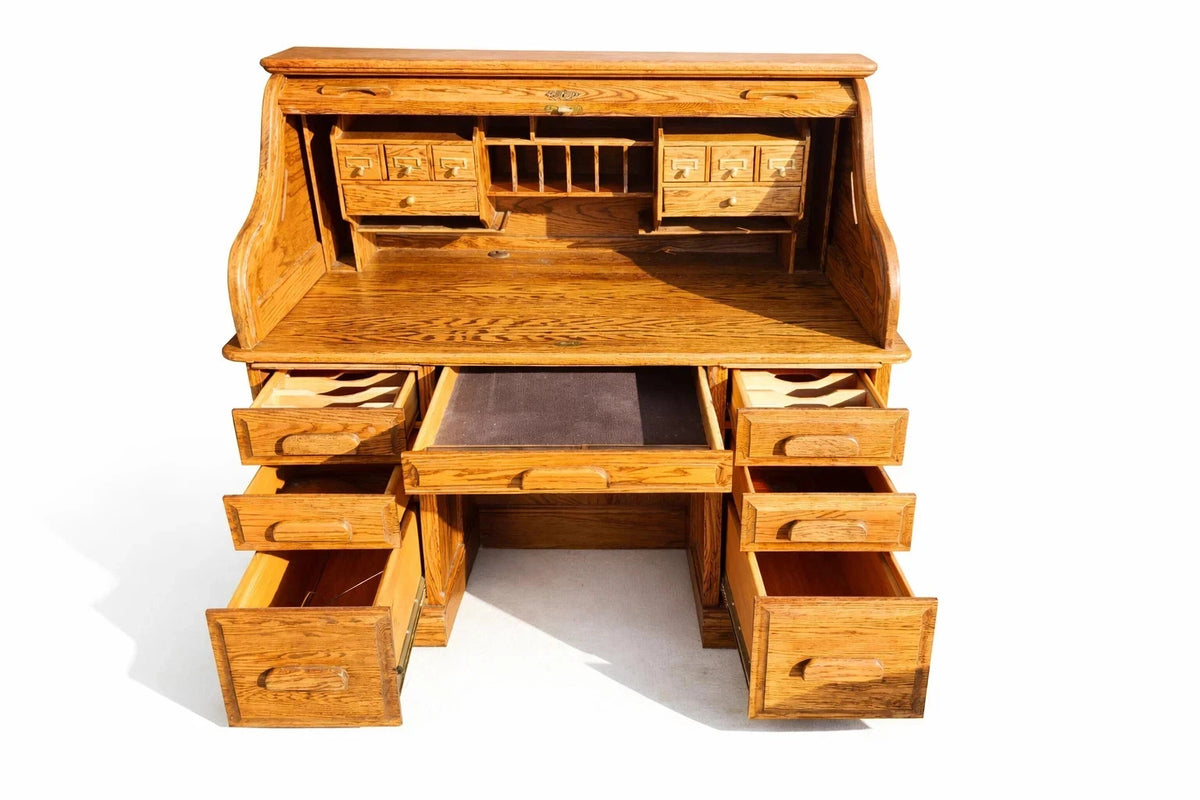 Vintage Solid Oak Roll-Top Desk Classic Executive Secretary Desk  Warm Honey