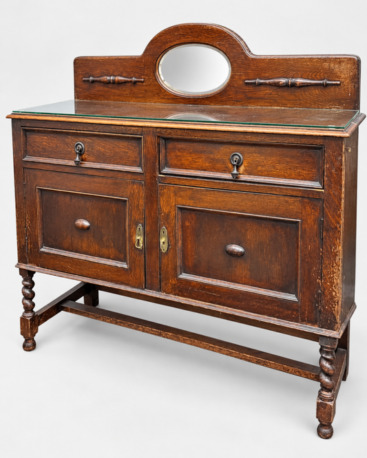 Antique Wood Sideboard Buffet Server Mirror Glass Top Barley Twist Legs