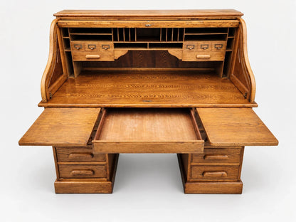 Vintage Oak Roll Top Desk Executive Secretary Writing Office Golden Brown