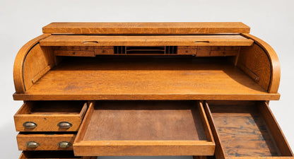 Large Antique Tiger Oak Roll Top Desk Executive Office Tambour Golden Brown Home