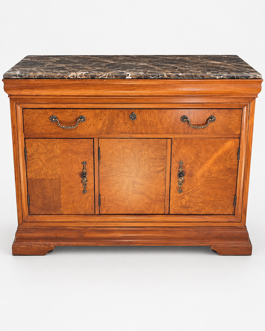 Antique French Style Sideboard Marble Top Burl Wood Buffet Cabinet