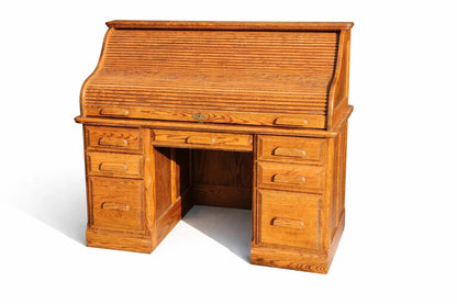 Vintage Solid Oak Roll-Top Desk Classic Executive Secretary Desk  Warm Honey