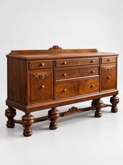 Antique Wood Sideboard Buffet 5 Drawers 2 Doors Burl Veneer Traditional