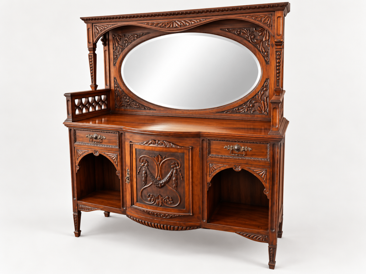 Antique Carved Wood Sideboard Buffet Server w/ Oval Mirror Ornate Dining Room
