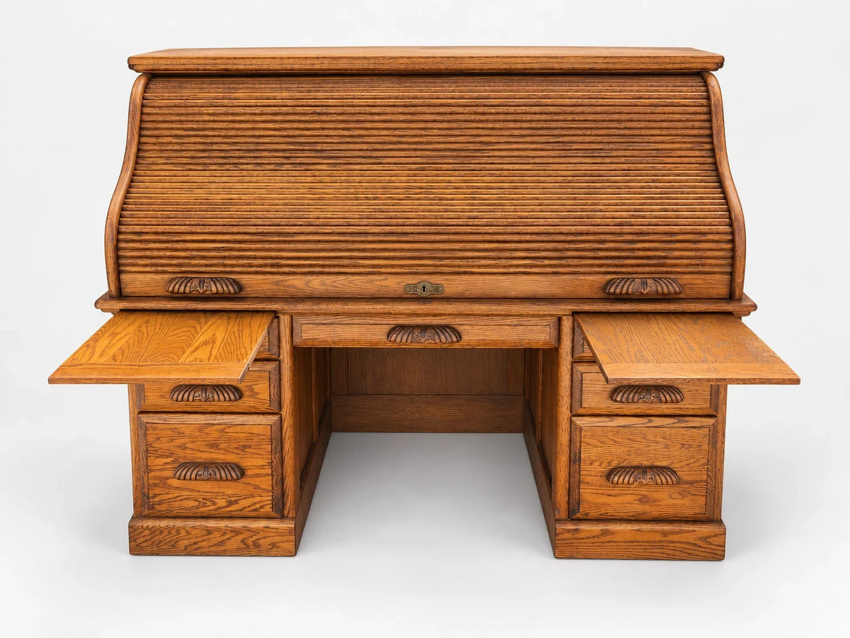 Russell's Vintage Solid Oak Roll Top Desk Traditional Writing Desk S Curve