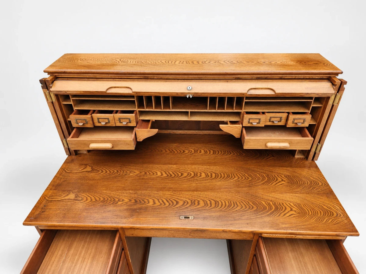 Vintage Oak Roll Top Desk Executive Secretary Writing Office Golden Brown