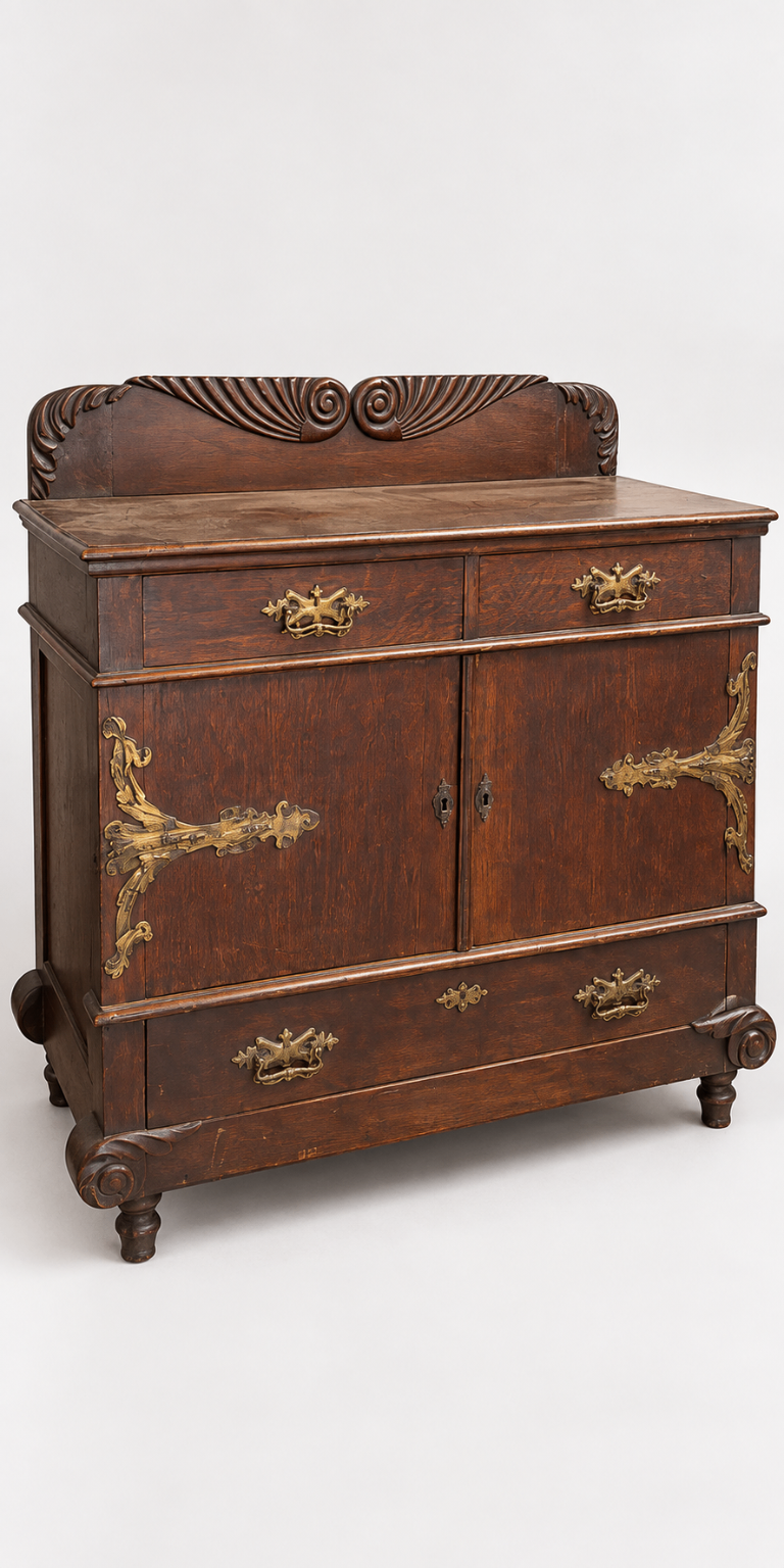 Antique Oak Wood Carved Sideboard Buffet Brass Hardware