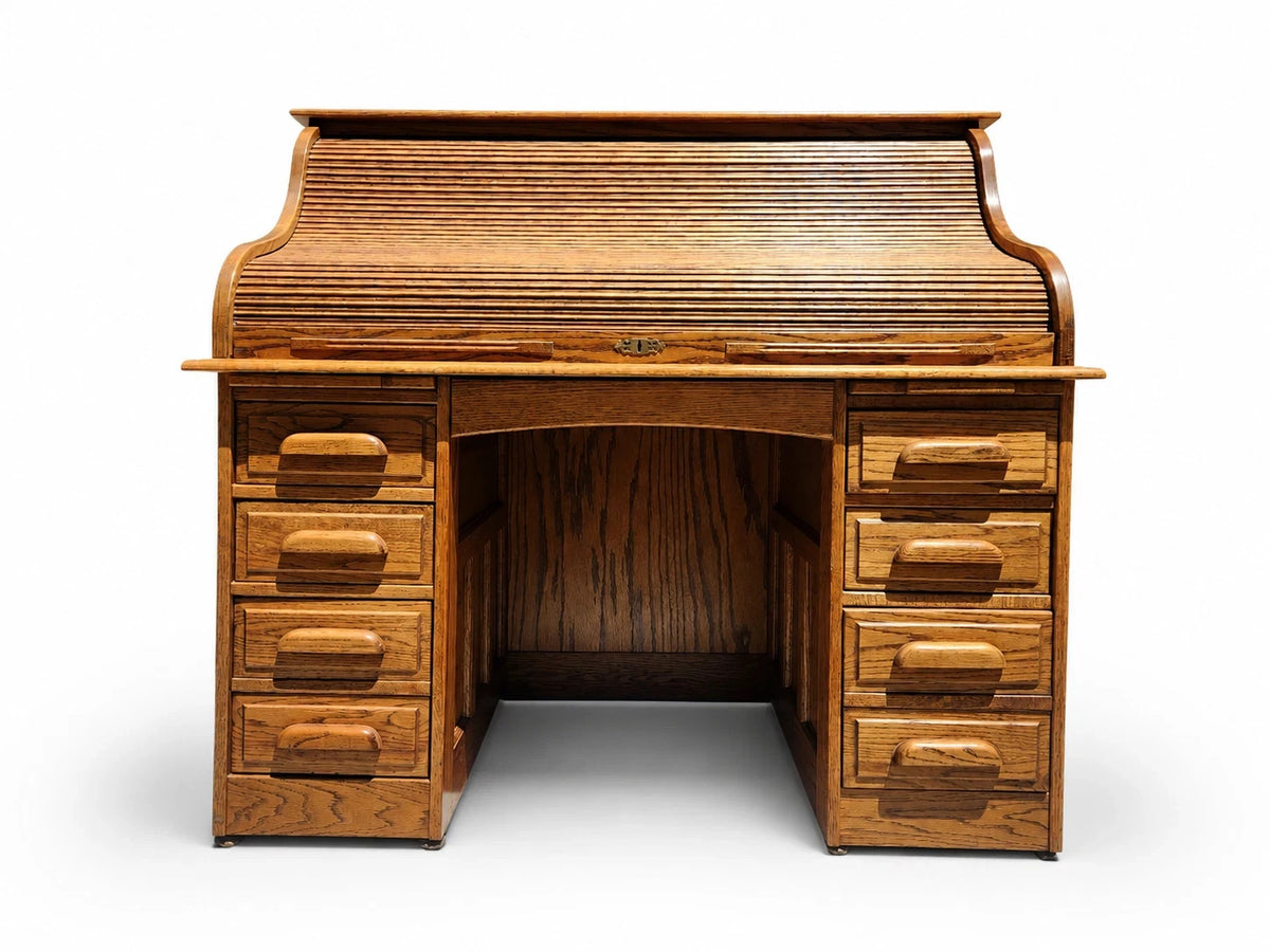 Vintage Oak Roll Top Desk Antique Mission Style Double Pedestal Wooden Executive
