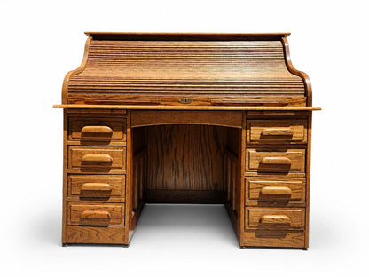 Vintage Oak Roll Top Desk Antique Mission Style Double Pedestal Wooden Executive