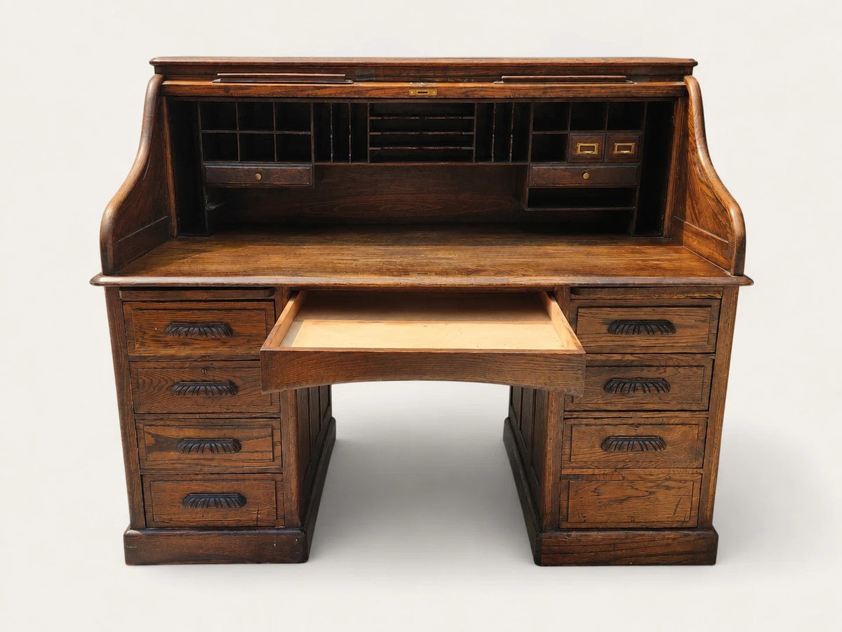 Antique Oak S-Curve Roll Top Desk Mission Arts & Crafts Executive Pedestal Desk