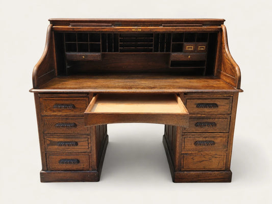 Antique Oak S-Curve Roll Top Desk Mission Arts & Crafts Executive Pedestal Desk