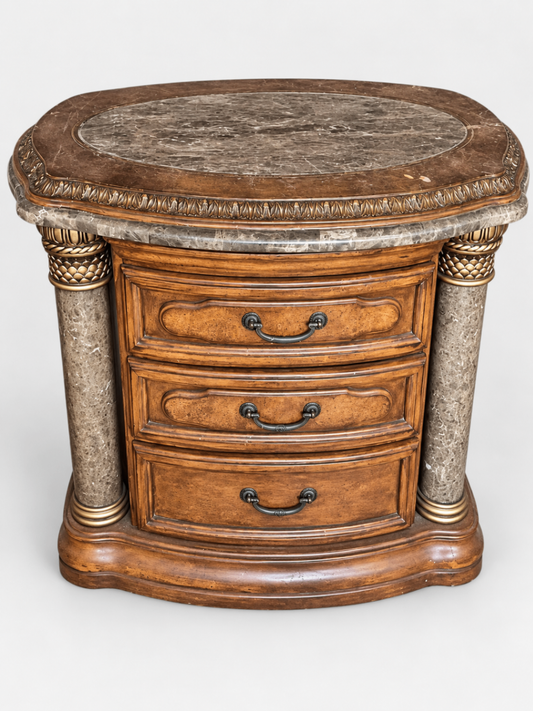 Michael Amini Ornate Wood & Marble Accent Chest 3-Drawer Nightstand Carved