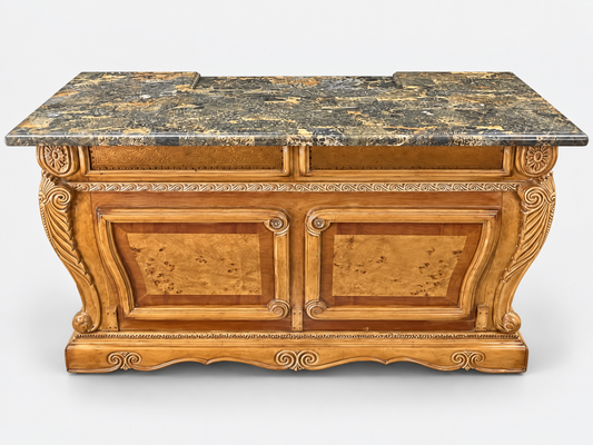 Michael Amini Ornate Wood Marble Top Dresser Chest of Drawers Carved Accent