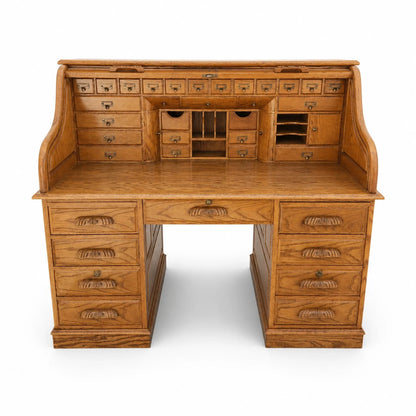 Vintage Oak Roll Top Desk Grain Executive Office DesVik Apothecary Drawers H